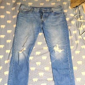 LEVI'S CUSTOMIZED TAPERED 501 DISTRESSED 5 BUTTON FLY DENIM JEANS 31 MEDIUM BLUE